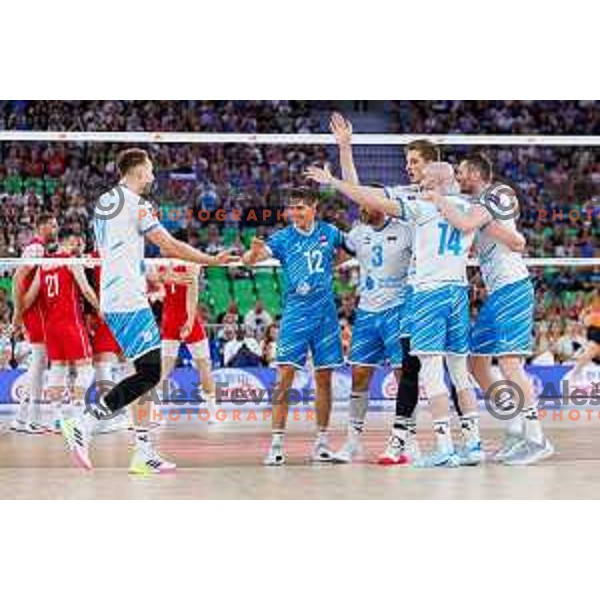 Team Slovenia in action during Men’s Volleyball Nations League match between Slovenia and Serbia in Ljubljana, Slovenia on July 20, 2025. Photo Grega Valancic