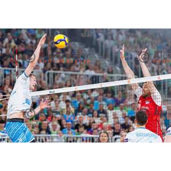 Rok Mozic of Slovenia in action during Men’s Volleyball Nations League match between Slovenia and Serbia in Ljubljana, Slovenia on July 20, 2025. Photo Grega Valancic
