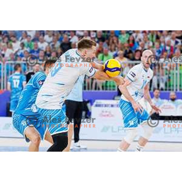 Rok Mozic of Slovenia in action during Men’s Volleyball Nations League match between Slovenia and Serbia in Ljubljana, Slovenia on July 20, 2025. Photo Grega Valancic