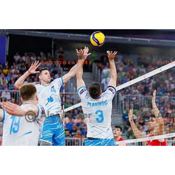 Jan Kozamernik of Slovenia in action during Men’s Volleyball Nations League match between Slovenia and Serbia in Ljubljana, Slovenia on July 20, 2025. Photo Grega Valancic