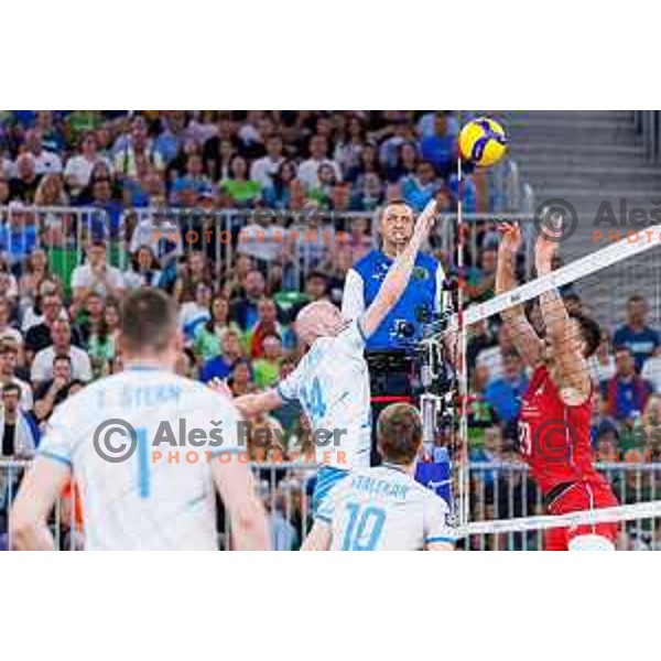 Ziga Stern of Slovenia in action during Men’s Volleyball Nations League match between Slovenia and Serbia in Ljubljana, Slovenia on July 20, 2025. Photo Grega Valancic