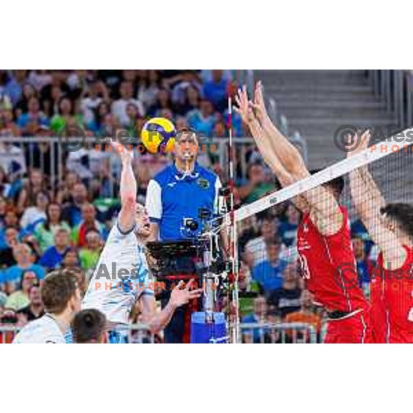Ziga Stern of Slovenia in action during Men’s Volleyball Nations League match between Slovenia and Serbia in Ljubljana, Slovenia on July 20, 2025. Photo Grega Valancic
