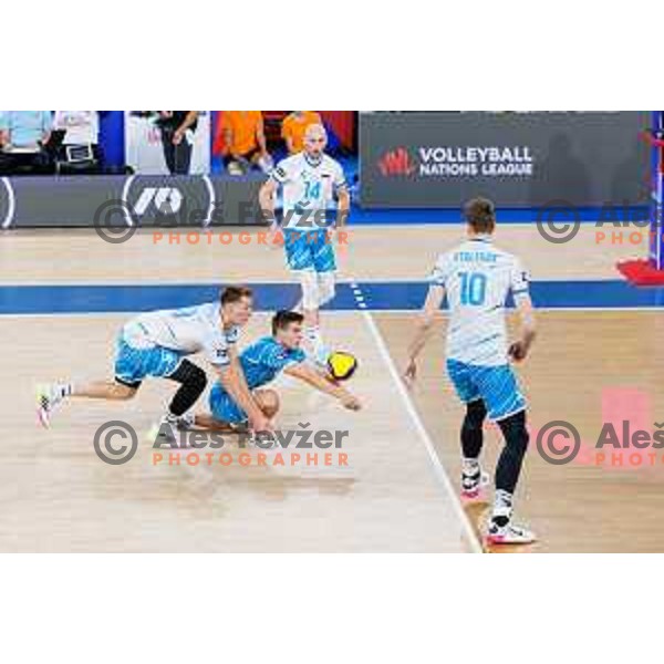 Rok Mozic of Slovenia and Grega Okroglic of Slovenia in action during Men’s Volleyball Nations League match between Slovenia and Serbia in Ljubljana, Slovenia on July 20, 2025. Photo Grega Valancic
