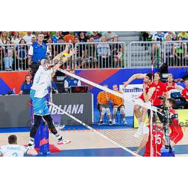 Ziga Stern of Slovenia and Saso Stalekar of Slovenia in action during Men’s Volleyball Nations League match between Slovenia and Serbia in Ljubljana, Slovenia on July 20, 2025. Photo Grega Valancic