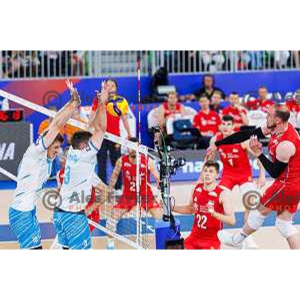 Saso Stalekar of Slovenia and Uros Planinsic of Slovenia in action during Men’s Volleyball Nations League match between Slovenia and Serbia in Ljubljana, Slovenia on July 20, 2025. Photo Grega Valancic