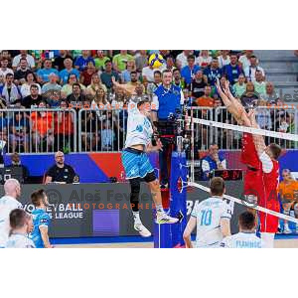 Rok Mozic of Slovenia in action during Men’s Volleyball Nations League match between Slovenia and Serbia in Ljubljana, Slovenia on July 20, 2025. Photo Grega Valancic