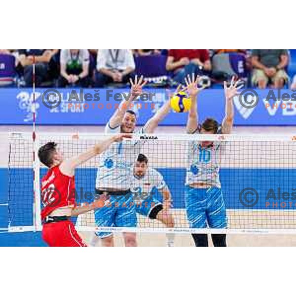 Toncek Stern of Slovenia and Saso Stalekar of Slovenia in action during Men’s Volleyball Nations League match between Slovenia and Serbia in Ljubljana, Slovenia on July 20, 2025. Photo Grega Valancic