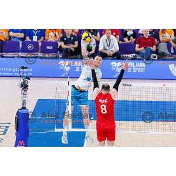 Toncek Stern of Slovenia in action during Men’s Volleyball Nations League match between Slovenia and Serbia in Ljubljana, Slovenia on July 20, 2025. Photo Grega Valancic