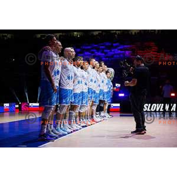 Team Slovenia during Men’s Volleyball Nations League match between Slovenia and Serbia in Ljubljana, Slovenia on July 20, 2025. Photo Grega Valancic