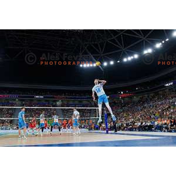 Ziga Stern of Slovenia in action during Men’s Volleyball Nations League match between Slovenia and Serbia in Ljubljana, Slovenia on July 20, 2025. Photo Grega Valancic