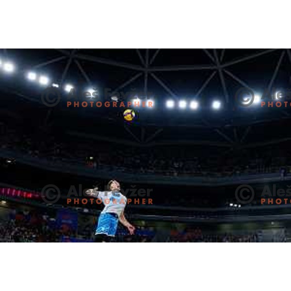 Rok Mozic of Slovenia in action during Men’s Volleyball Nations League match between Slovenia and Serbia in Ljubljana, Slovenia on July 20, 2025. Photo Grega Valancic