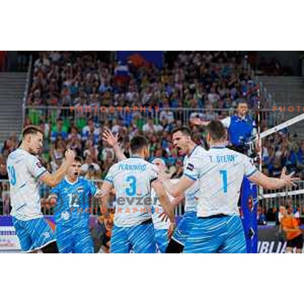 Team Slovenia in action during Men’s Volleyball Nations League match between Slovenia and Serbia in Ljubljana, Slovenia on July 20, 2025. Photo Grega Valancic