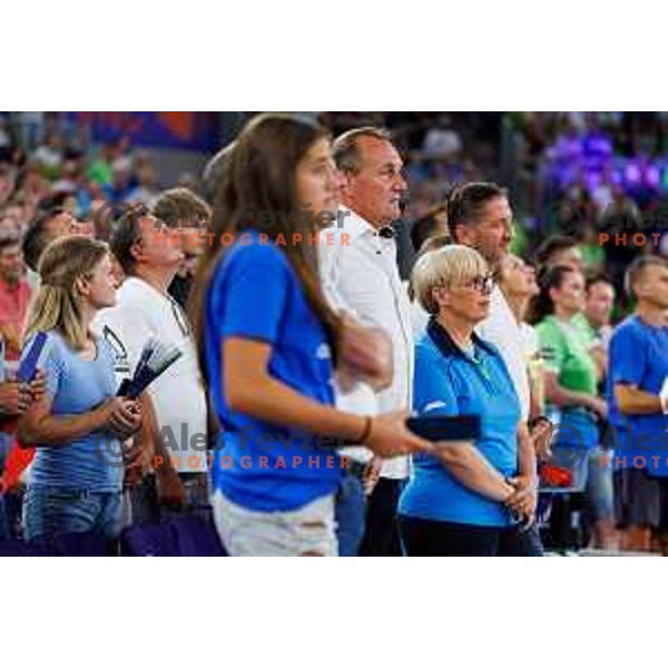 Natasa Pirc Musar president of Slovenia during Dejan Vincic farewell after Men’s Volleyball Nations League match between Slovenia and Serbia in Ljubljana, Slovenia on July 20, 2025. Photo Grega Valancic