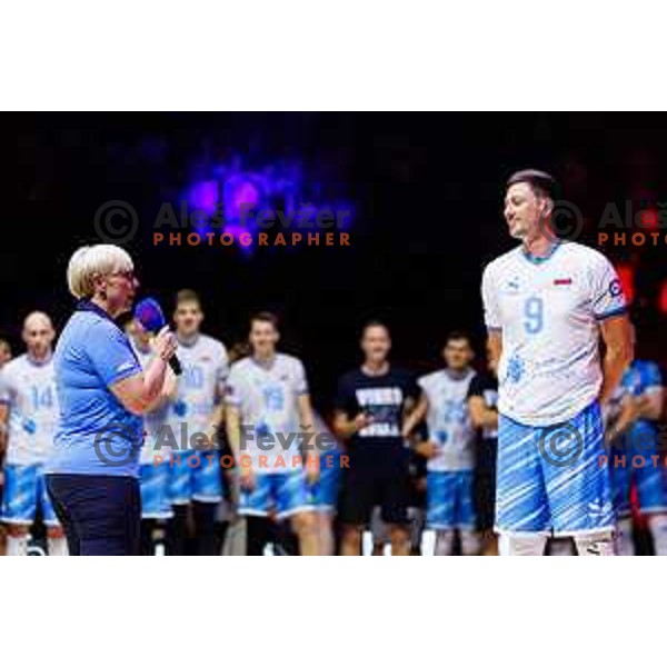 Natasa Pirc Muser president of Slovenia during Dejan Vincic farewell after Men’s Volleyball Nations League match between Slovenia and Serbia in Ljubljana, Slovenia on July 20, 2025. Photo Grega Valancic
