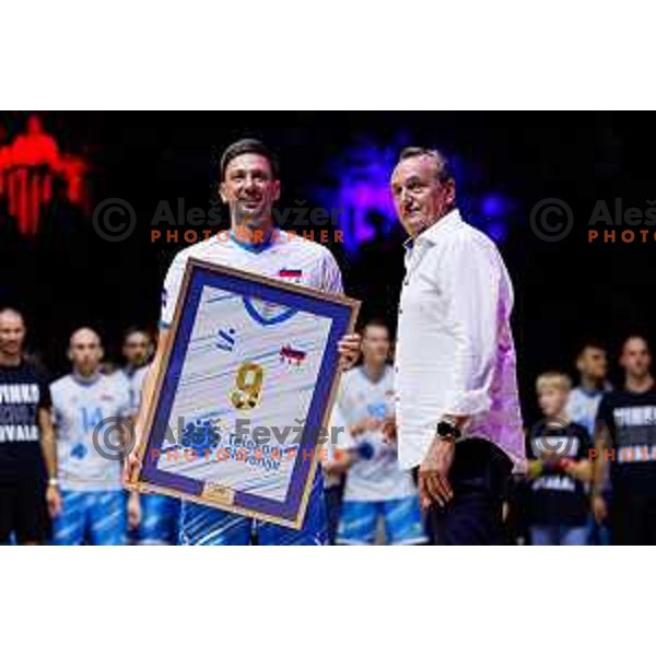 Dejan Vincic with Metod Ropret during Dejan Vincic farewell after Men’s Volleyball Nations League match between Slovenia and Serbia in Ljubljana, Slovenia on July 20, 2025. Photo Grega Valancic