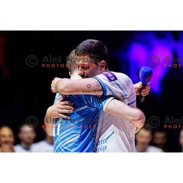 Tine Urnaut with Dejan Vincic during Dejan Vincic farewell after Men’s Volleyball Nations League match between Slovenia and Serbia in Ljubljana, Slovenia on July 20, 2025. Photo Grega Valancic