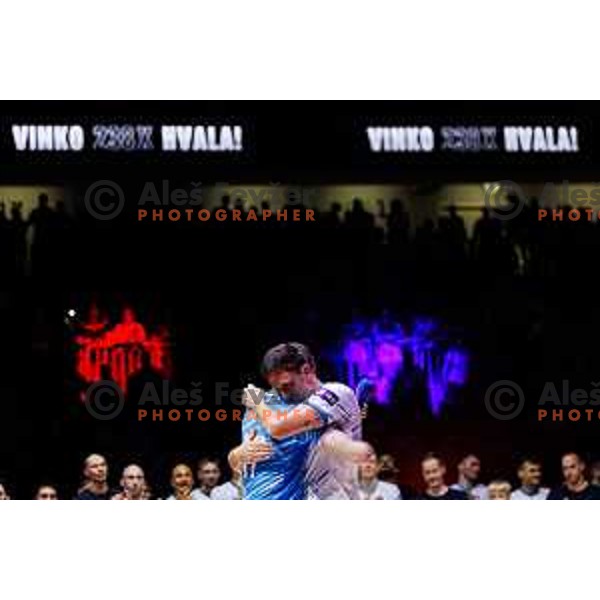 Tine Urnaut with Dejan Vincic during Dejan Vincic farewell after Men’s Volleyball Nations League match between Slovenia and Serbia in Ljubljana, Slovenia on July 20, 2025. Photo Grega Valancic