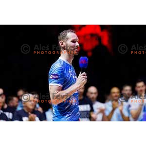 Tine Urnaut during Dejan Vincic farewell after Men’s Volleyball Nations League match between Slovenia and Serbia in Ljubljana, Slovenia on July 20, 2025. Photo Grega Valancic