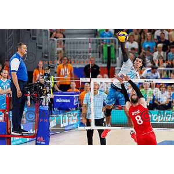 Nik Mujanovic of Slovenia in action during Men’s Volleyball Nations League match between Slovenia and Serbia in Ljubljana, Slovenia on July 20, 2025. Photo Grega Valancic