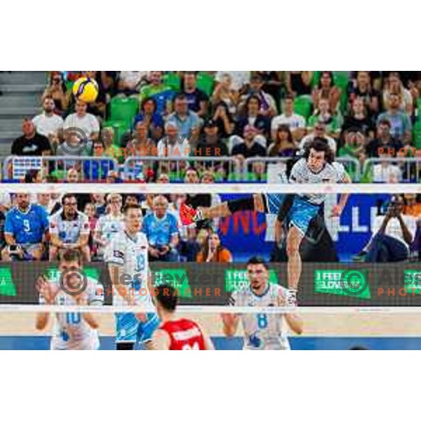 Nik Mujanovic of Slovenia in action during Men’s Volleyball Nations League match between Slovenia and Serbia in Ljubljana, Slovenia on July 20, 2025. Photo Grega Valancic