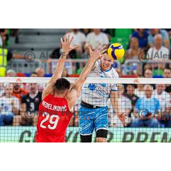 Rok Mozic of Slovenia in action during Men’s Volleyball Nations League match between Slovenia and Serbia in Ljubljana, Slovenia on July 20, 2025. Photo Grega Valancic