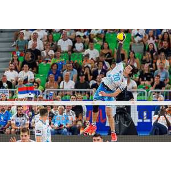 Nik Mujanovic of Slovenia in action during Men’s Volleyball Nations League match between Slovenia and Serbia in Ljubljana, Slovenia on July 20, 2025. Photo Grega Valancic