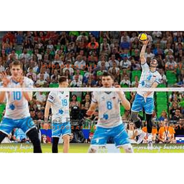 Jan Kozamernik of Slovenia in action during Men’s Volleyball Nations League match between Slovenia and Serbia in Ljubljana, Slovenia on July 20, 2025. Photo Grega Valancic