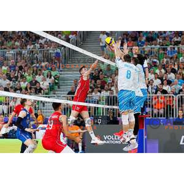 Rok Bracko of Slovenia in action during Men’s Volleyball Nations League match between Slovenia and Serbia in Ljubljana, Slovenia on July 20, 2025. Photo Grega Valancic