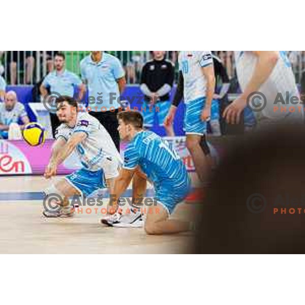 Rok Bracko of Slovenia in action during Men’s Volleyball Nations League match between Slovenia and Serbia in Ljubljana, Slovenia on July 20, 2025. Photo Grega Valancic