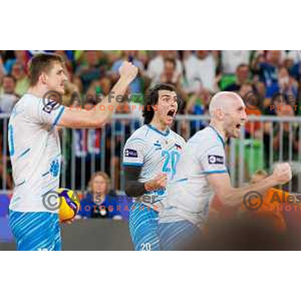 Nik Mujanovic of Slovenia in action during Men’s Volleyball Nations League match between Slovenia and Serbia in Ljubljana, Slovenia on July 20, 2025. Photo Grega Valancic