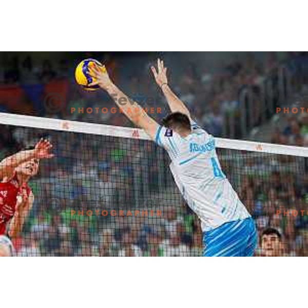 Jan Kozamernik of Slovenia in action during Men’s Volleyball Nations League match between Slovenia and Serbia in Ljubljana, Slovenia on July 20, 2025. Photo Grega Valancic