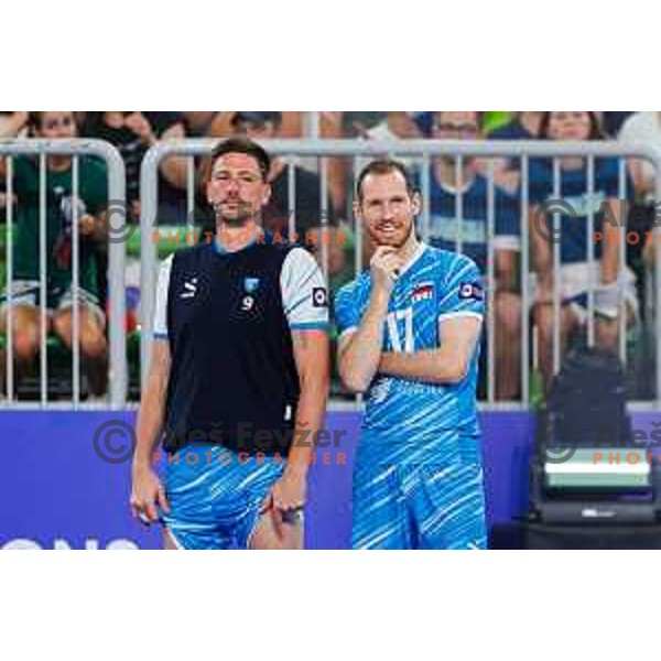 Dejan Vincic and Tine Urnaut in action during Men’s Volleyball Nations League match between Slovenia and Serbia in Ljubljana, Slovenia on July 20, 2025. Photo Grega Valancic