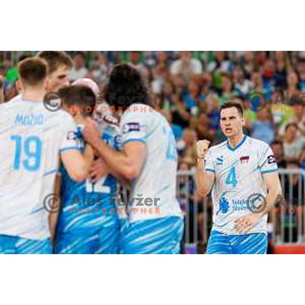 Jan Kozamernik of Slovenia in action during Men’s Volleyball Nations League match between Slovenia and Serbia in Ljubljana, Slovenia on July 20, 2025. Photo Grega Valancic