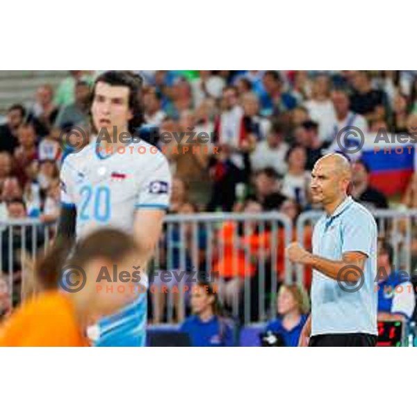 Fabio Soli head coach of Slovenia in action during Men’s Volleyball Nations League match between Slovenia and Serbia in Ljubljana, Slovenia on July 20, 2025. Photo Grega Valancic