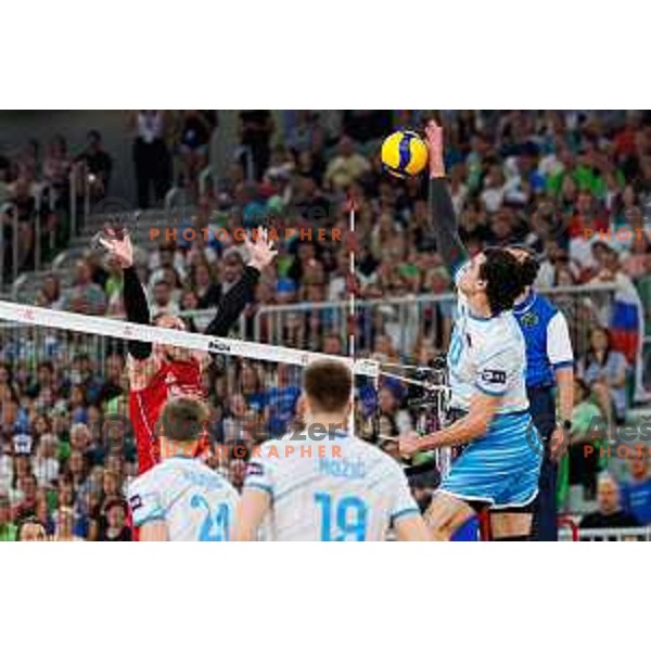 Nik Mujanovic of Slovenia in action during Men’s Volleyball Nations League match between Slovenia and Serbia in Ljubljana, Slovenia on July 20, 2025. Photo Grega Valancic