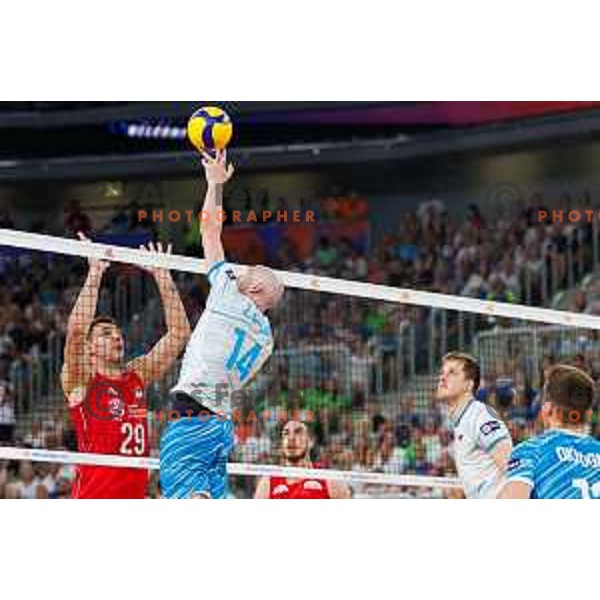 Ziga Stern of Slovenia in action during Men’s Volleyball Nations League match between Slovenia and Serbia in Ljubljana, Slovenia on July 20, 2025. Photo Grega Valancic