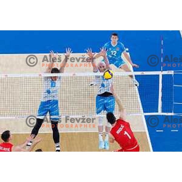 Saso Stalekar of Slovenia and Ziga Stern of Slovenia in action during Men’s Volleyball Nations League match between Slovenia and Serbia in Ljubljana, Slovenia on July 20, 2025. Photo Grega Valancic