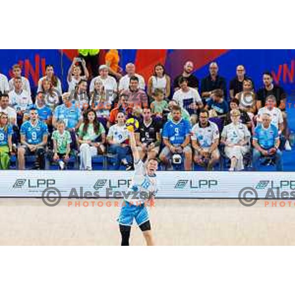 Rok Mozic of Slovenia in action during Men’s Volleyball Nations League match between Slovenia and Serbia in Ljubljana, Slovenia on July 20, 2025. Photo Grega Valancic