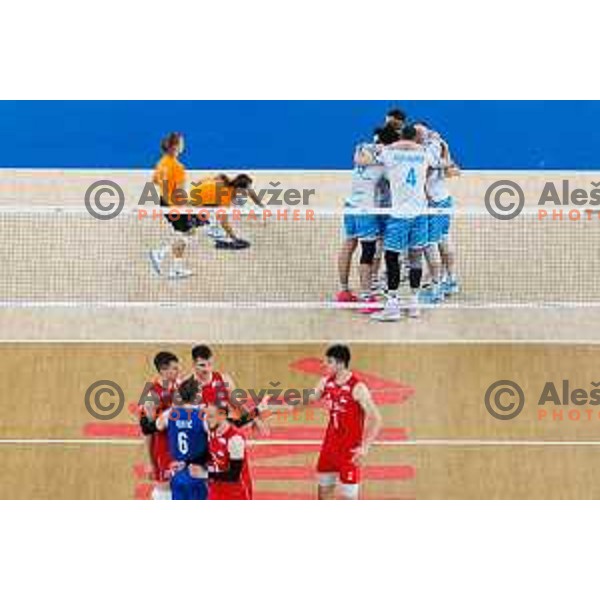 Team Slovenia in action during Men’s Volleyball Nations League match between Slovenia and Serbia in Ljubljana, Slovenia on July 20, 2025. Photo Grega Valancic