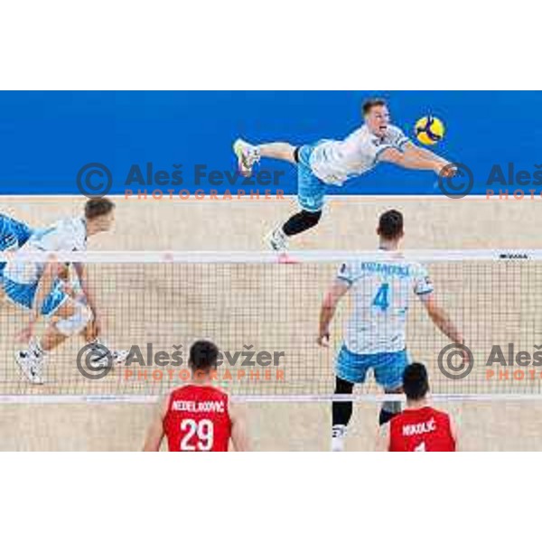 Rok Mozic of Slovenia in action during Men’s Volleyball Nations League match between Slovenia and Serbia in Ljubljana, Slovenia on July 20, 2025. Photo Grega Valancic