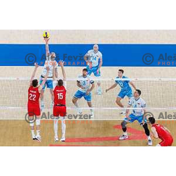 Toncek Stern of Slovenia in action during Men’s Volleyball Nations League match between Slovenia and Serbia in Ljubljana, Slovenia on July 20, 2025. Photo Grega Valancic