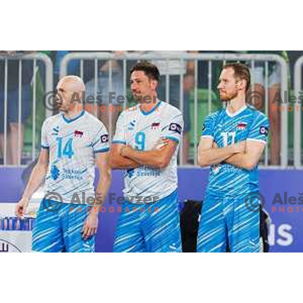 Ziga Stern of Slovenia, Dejan Vincic and Tine Urnaut in action during Men’s Volleyball Nations League match between Slovenia and Serbia in Ljubljana, Slovenia on July 20, 2025. Photo Grega Valancic