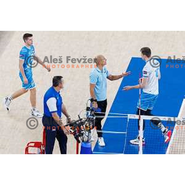 Fabio Soli head coach of Slovenia and Saso Stalekar of Slovenia in action during Men’s Volleyball Nations League match between Slovenia and Serbia in Ljubljana, Slovenia on July 20, 2025. Photo Grega Valancic