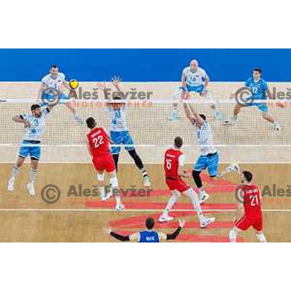 Uros Planinsic of Slovenia and Saso Stalekar of Slovenia in action during Men’s Volleyball Nations League match between Slovenia and Serbia in Ljubljana, Slovenia on July 20, 2025. Photo Grega Valancic