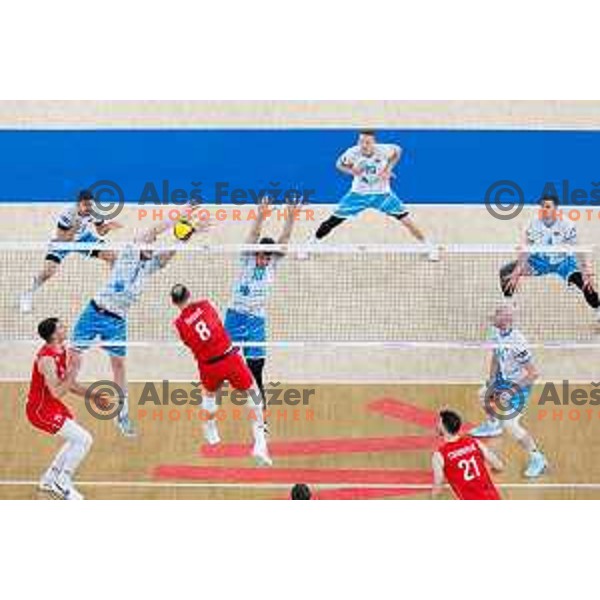 Toncek Stern of Slovenia and Saso Stalekar of Slovenia in action during Men’s Volleyball Nations League match between Slovenia and Serbia in Ljubljana, Slovenia on July 20, 2025. Photo Grega Valancic