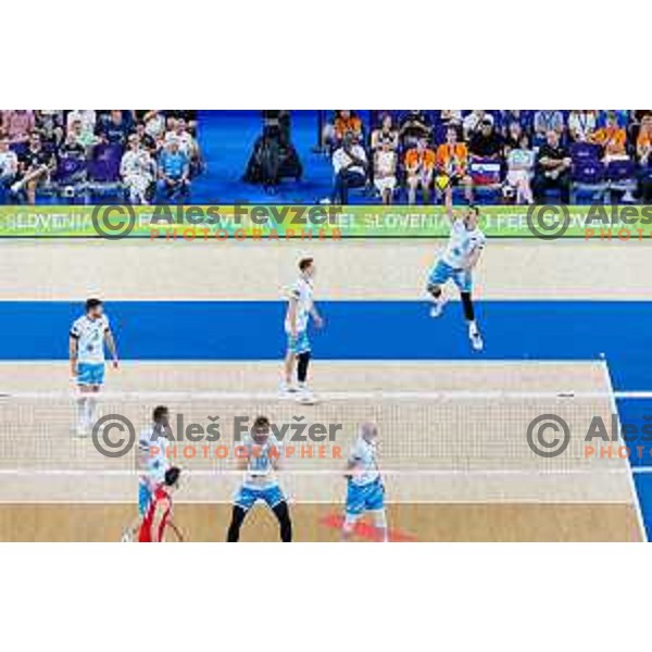 Jan Kozamernik of Slovenia in action during Men’s Volleyball Nations League match between Slovenia and Serbia in Ljubljana, Slovenia on July 20, 2025. Photo Grega Valancic