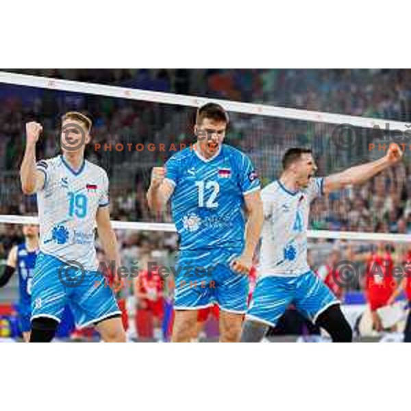 Rok Mozic of Slovenia and Grega Okroglic of Slovenia in action during Men’s Volleyball Nations League match between Slovenia and Serbia in Ljubljana, Slovenia on July 20, 2025. Photo Grega Valancic