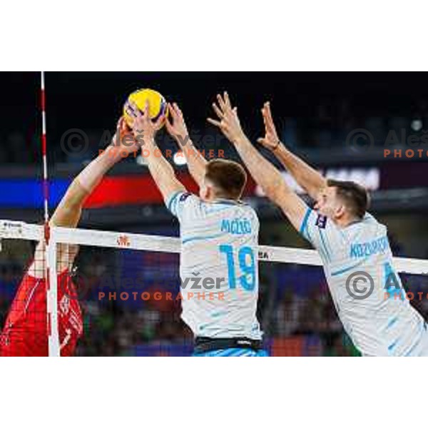 Rok Mozic of Slovenia in action during Men’s Volleyball Nations League match between Slovenia and Serbia in Ljubljana, Slovenia on July 20, 2025. Photo Grega Valancic