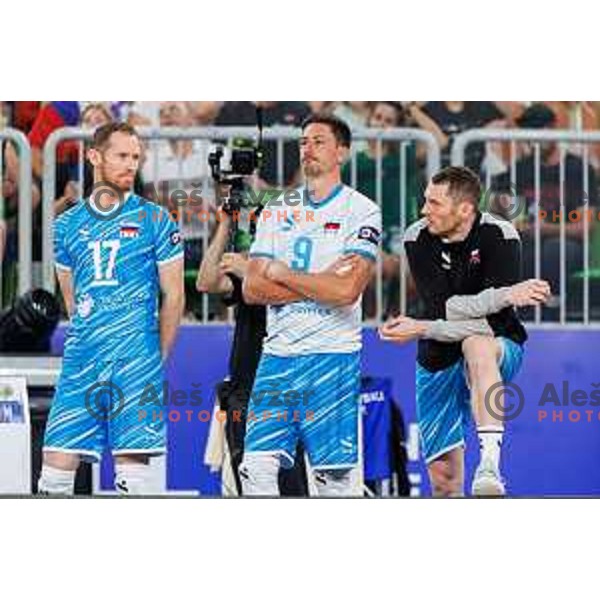 Tine Urnaut, Dejan Vincic and Toncek Stern of Slovenia in action during Men’s Volleyball Nations League match between Slovenia and Serbia in Ljubljana, Slovenia on July 20, 2025. Photo Grega Valancic