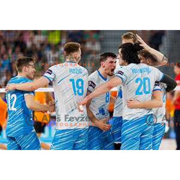 Team Slovenia in action during Men’s Volleyball Nations League match between Slovenia and Serbia in Ljubljana, Slovenia on July 20, 2025. Photo Grega Valancic